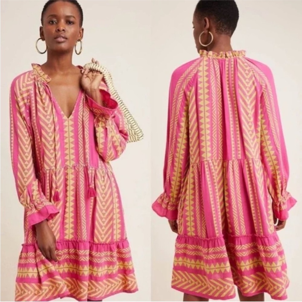 ANTHROPOLOGIE MAEVE DOMINIQUE TASSLED GEOMETRIC PINK YELLOW TUNIC DRESS WOMENS L